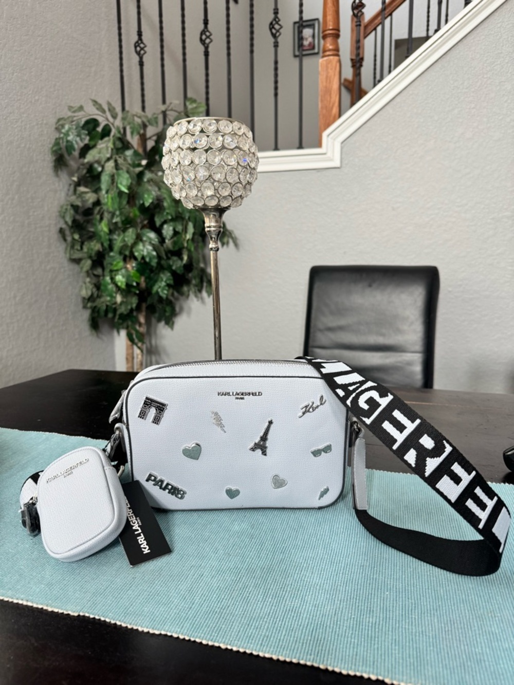 Karl Lagerfeld Baby Blue Camera Crossbody with Graphic Paris Accents
